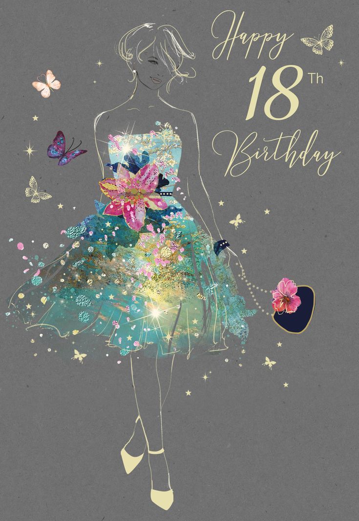 a woman in a dress with butterflies on it and the words happy 18th birthday written below