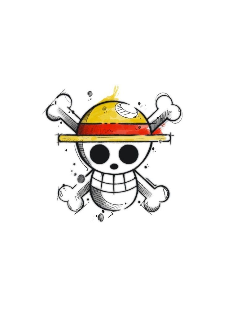 a skull wearing a yellow hat with bones and crossbones on the side,