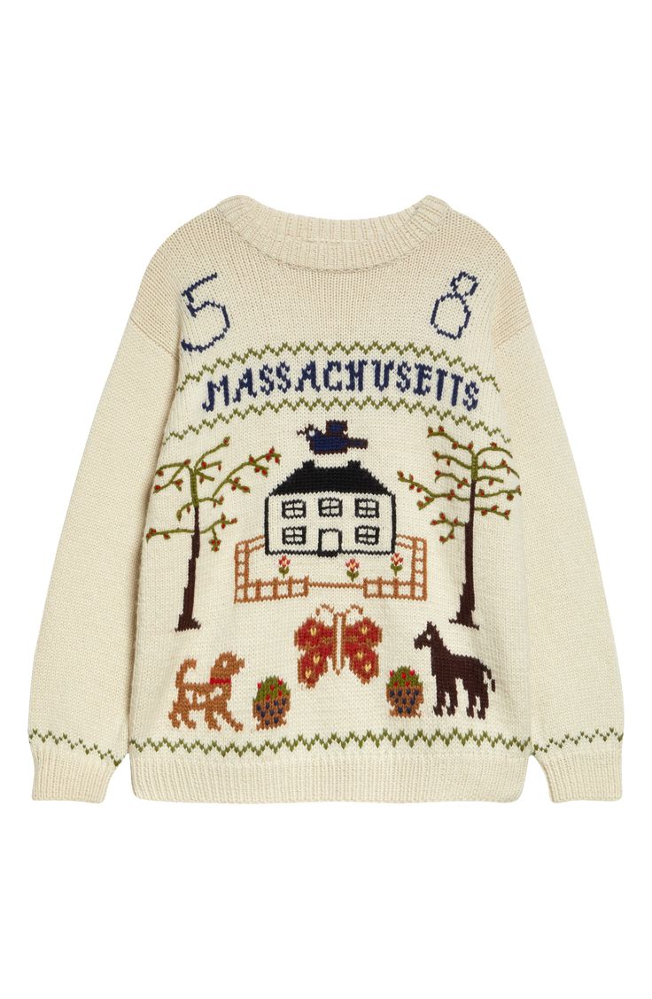 Vintage New England knitwear and antique embroidery patterns merge in this whimsical crewneck sweater knit from wool yarns. 26 1/2" length (size large) Crewneck Long sleeves Ribbed cuffs and hem 100% wool Dry clean Made in Peru Designer Clothing Pattern Knit Sweater, Vintage Fall Sweaters, Norwegian Fashion Modern, Knitted Christmas Sweaters, Knit Graphic Sweater, Fun Knit Sweater, British Clothing Style Women, Trendy Items 2024, Vintage J Crew Catalog