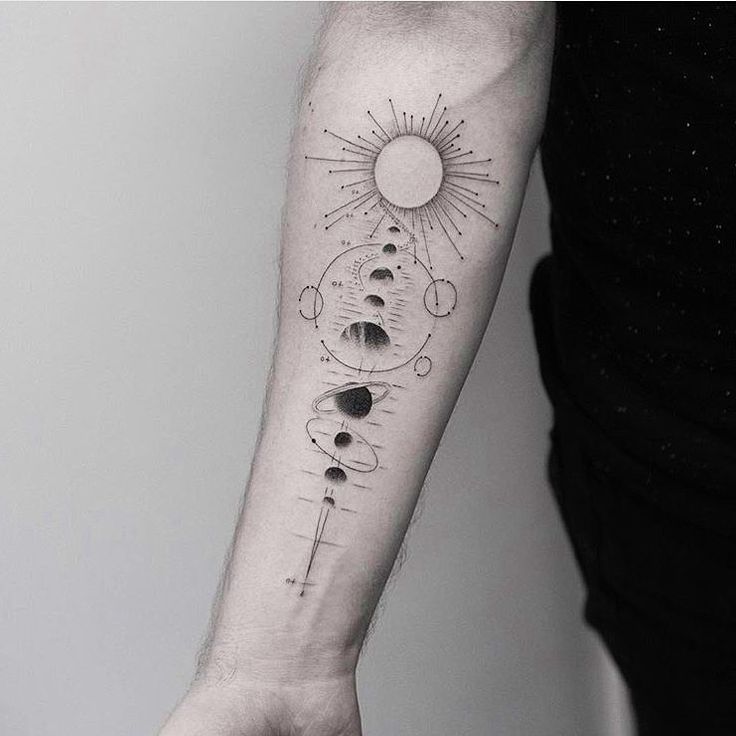 a person with a tattoo on their arm that has phases of the moon and stars