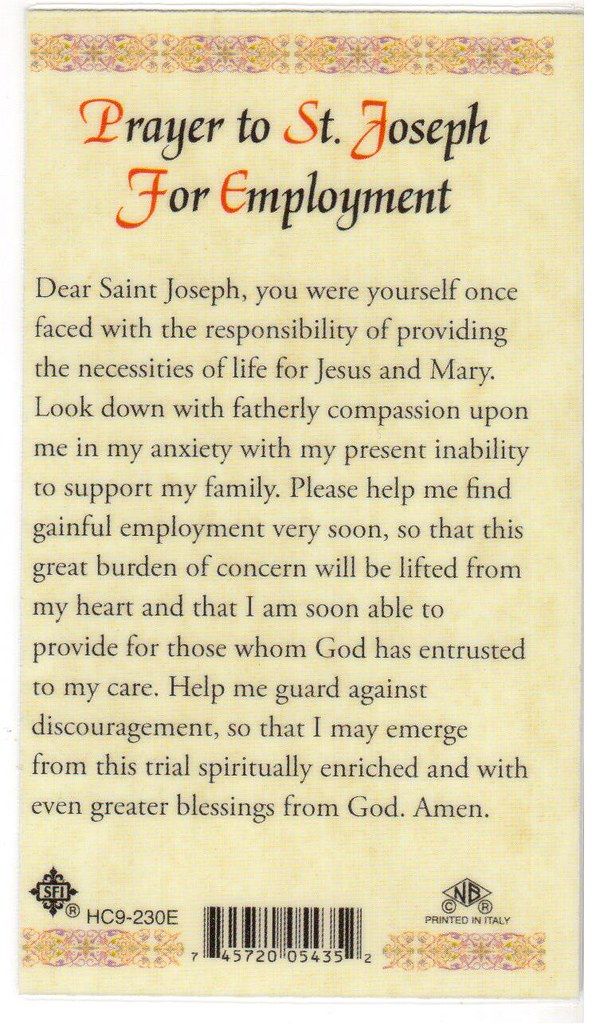 the back cover of prayer to st joseph for employment, with an orange border around it