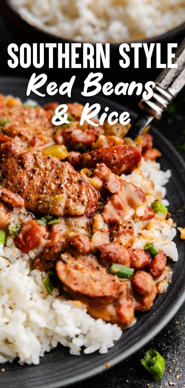 A close up of a black plate loaded with white rice that is topped with a chili-like mixture of beans and sausage, topped with chopped green onions. Red Beans And Sausage Recipe, Rice In The Crockpot, Recipe For Red Beans And Rice, Louisiana Red Beans And Rice Recipe, Red Beans And Rice Recipe Crockpot, Red Beans And Rice Recipe Easy, Red Bean And Rice Recipe, Red Beans Recipe, Rice With Beans