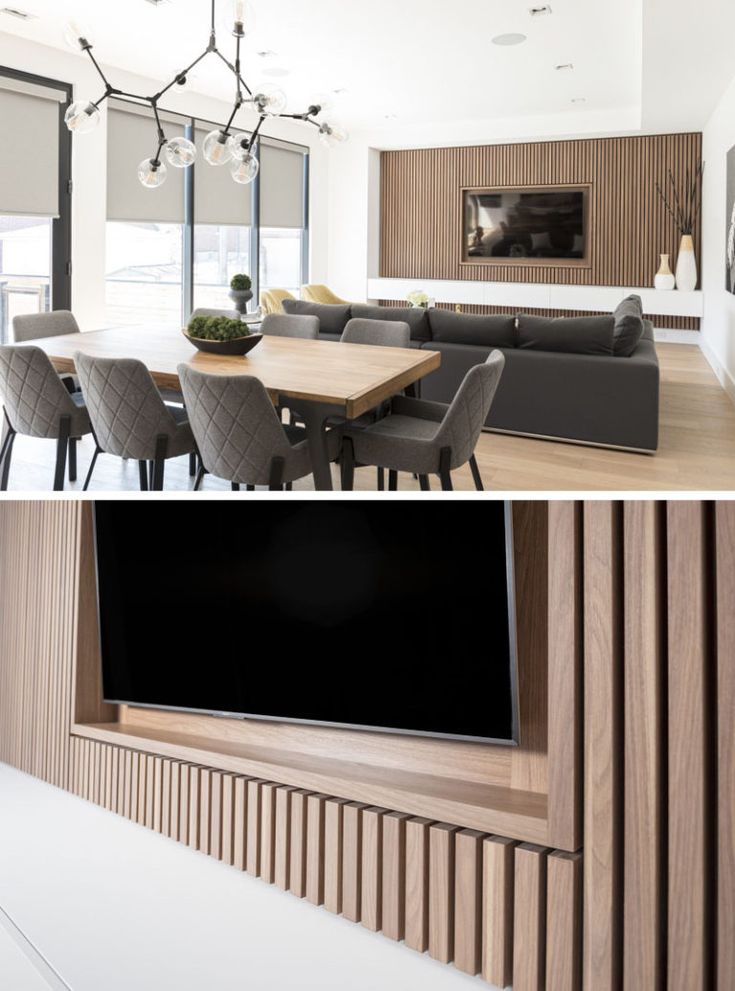 two pictures of a living room and dining area with wood paneling on the walls