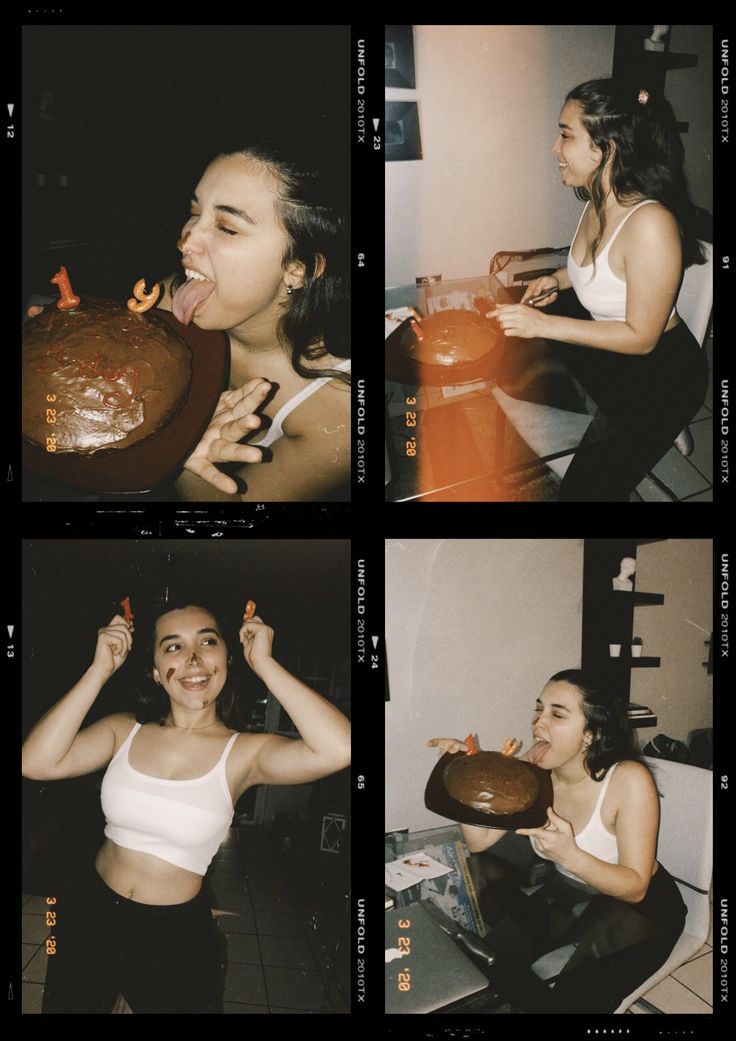 four different pictures of a woman eating cake