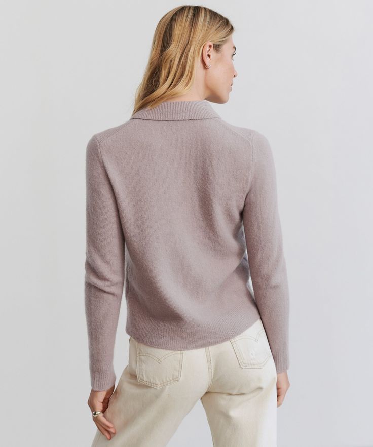 Murphy Cardigan Mauve This ultra-soft and buttoned-up knit combines comfort with luxury effortlessly. 80% cashmere, 18% polyamide, 2% elastane. Made in China. Classic, fitted sweater with collar. | Jenni Kayne Women's Murphy Cardigan Sweater Size Small Fitted Fine Knit Button-up Sweater, Elegant V-neck Soft Knit Outerwear, Elegant Fitted Sweater For Business Casual, Cashmere Long Sleeve Top With Button Closure, Long Sleeve Cashmere Top With Button Closure, Fitted Fine Knit V-neck Outerwear, Fitted Classic Cashmere Polo Sweater, Fall Cashmere Tops With Button Closure, Classic Fitted Cardigan With Ribbed Collar