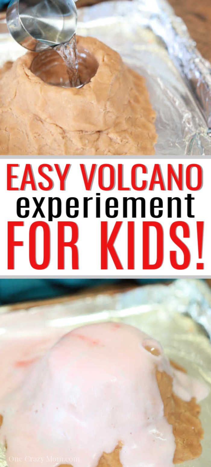 an easy volcano experiment for kids with text overlay that reads easy volcano experiment for kids