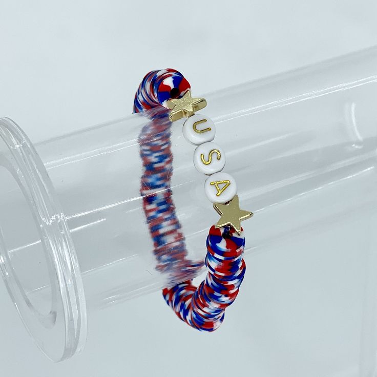 This is the perfect festive USA red, white and blue themed bracelet. It’s so much fun and can be worn alone or stacked with many other options Bracelets are “one size fits most” and are designed to fit wrists up to 7.0”. Custom sizes available upon request. Please email designsby.kb@yahoo.com once your oder is placed. *Bracelets usually ship within 3-5 business days. Adjustable White Bracelet For 4th Of July, Blue Stretch Bracelet For 4th Of July Gift, Blue Adjustable Stretch Bracelet For 4th Of July, Patriotic Red Beaded Bracelets For Independence Day, Patriotic Blue Beaded Stretch Bracelet, Patriotic Multicolor Stretch Bracelet For 4th Of July, Blue Beaded Patriotic Stretch Bracelet, Adjustable Red Beaded Bracelets For 4th Of July, Blue Adjustable Bracelets For 4th Of July