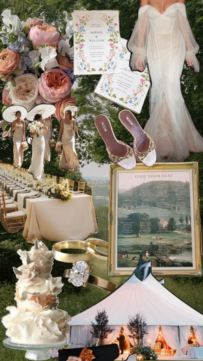 a collage of wedding items including shoes, flowers and pictures are shown in this image