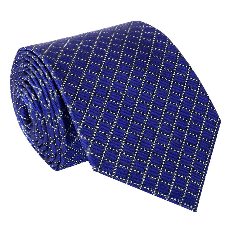 A Dark Blue Geometric Diamond Pattern Silk Necktie Classic Blue Neckwear For Office, Blue Formal Suit And Tie Accessories, Elegant Blue Suit And Tie Accessories For Office, Blue Standard Tie For Formal Suit, Classic Blue Neckwear For Black Tie Events, Classic Blue Neckwear For Semi-formal Occasions, Classic Blue Neckwear For Business, Elegant Blue Neckwear For Black Tie Events, Elegant Blue Neckwear For Business