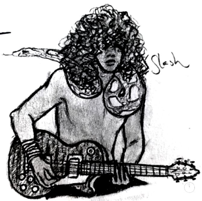 a black and white drawing of a woman with an electric guitar in her hand, playing the guitar