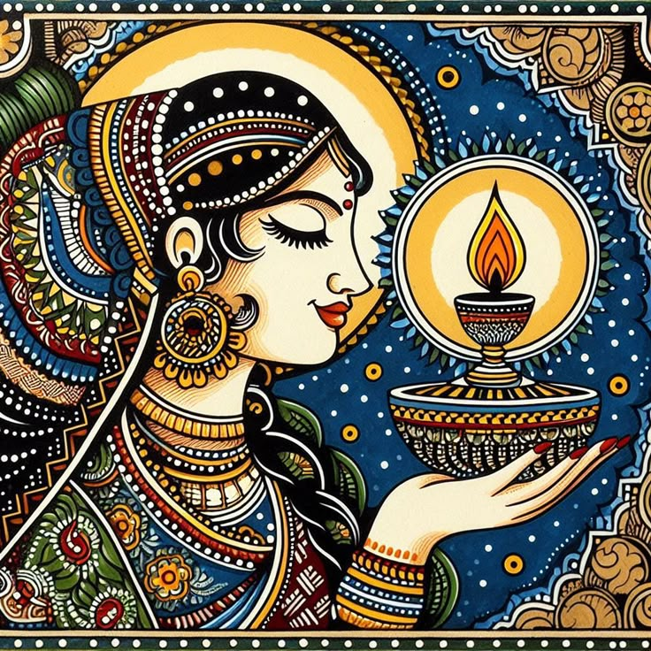 a painting of a woman holding a cup with a lit candle in it's hand