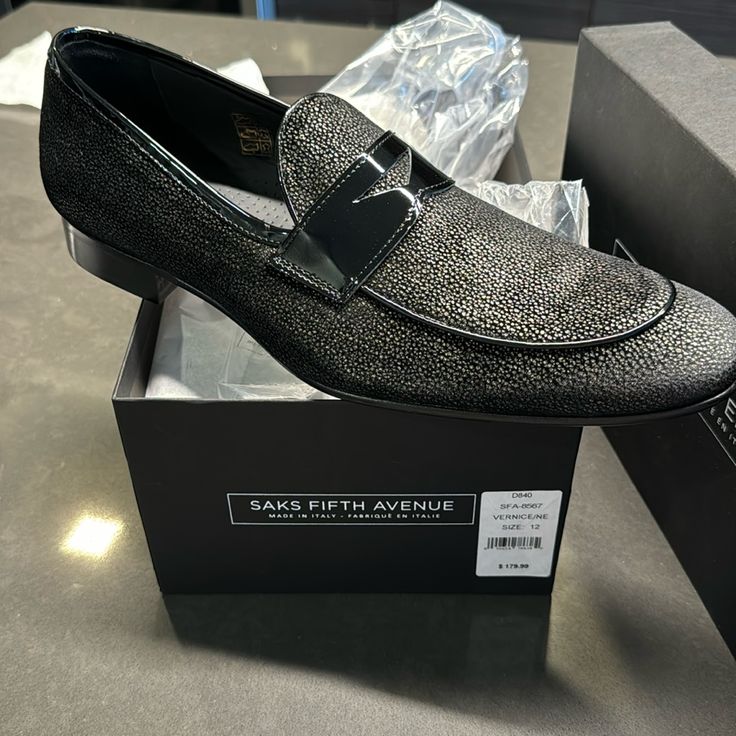 Brand New Saks Fifth Ave Loafers. Pebbled Design. Black Leather Slip-ons For Party, Formal Slip-on Loafers With Perforated Toe Box, Formal Slip-on Loafers With Perforated Toe, Party Dress Shoes With Rubber Sole And Slip-on Fit, Party Slip-on Dress Shoes With Rubber Sole, Party Dress Shoes With Rubber Sole Slip-on, Formal Loafers With Perforated Toe Box, Formal Loafers With Perforated Round Toe, Classic Party Slip-ons With Round Toe