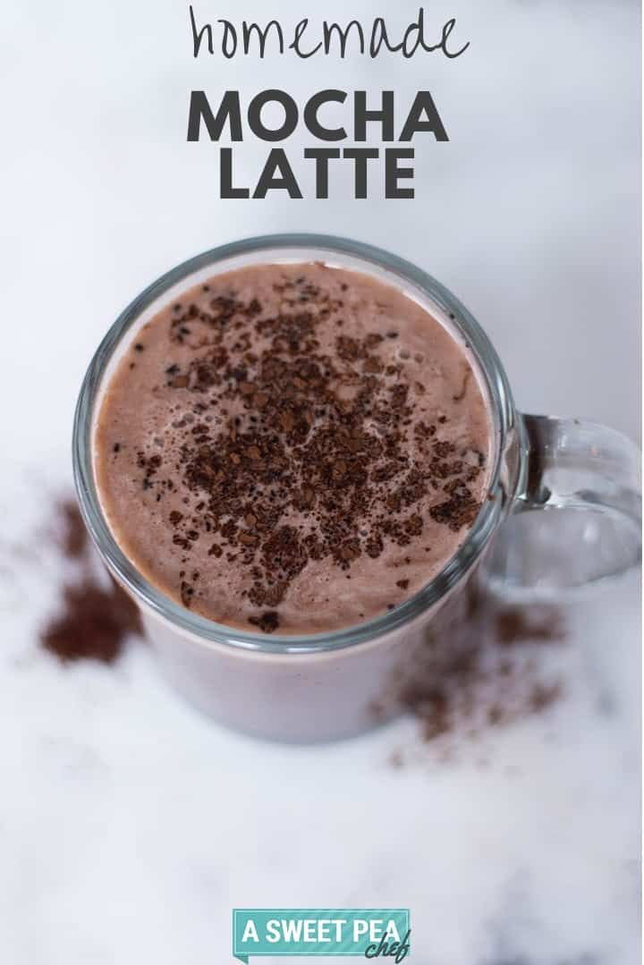 chocolate mocha latte in a glass mug on a marble surface with text overlay