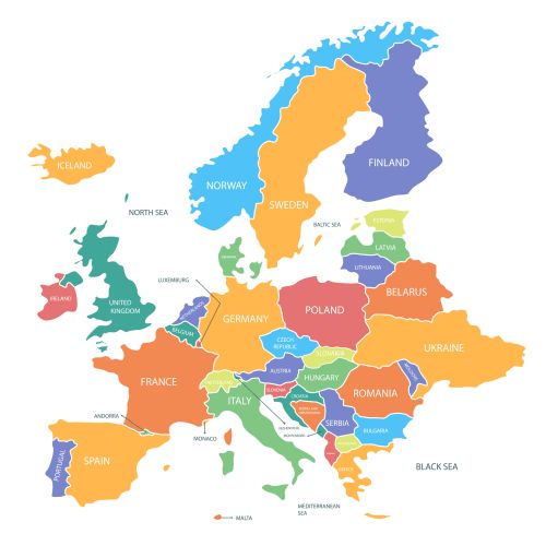 the europe map with countries in different colors