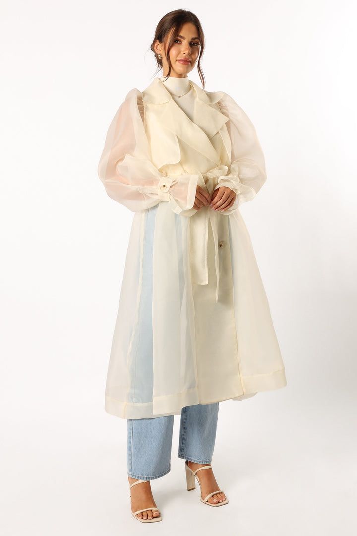 Braelynn Sheer Trench Coat - Cream - Petal & Pup USA Organza Coat, Long Outerwear, Tulle Material, The Perfect Girl, Double Breasted Trench Coat, Clothing Details, Fit Check, Cozy Fashion, Tie Belt