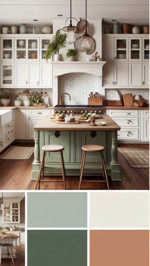 a kitchen with white cabinets, green island and wooden floors in the center is an open - concept color scheme