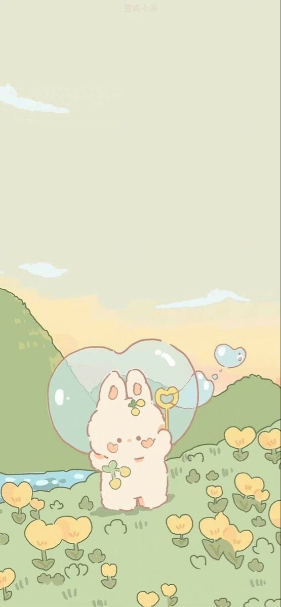 a cartoon character holding a bubble in the grass with mountains and clouds behind it,