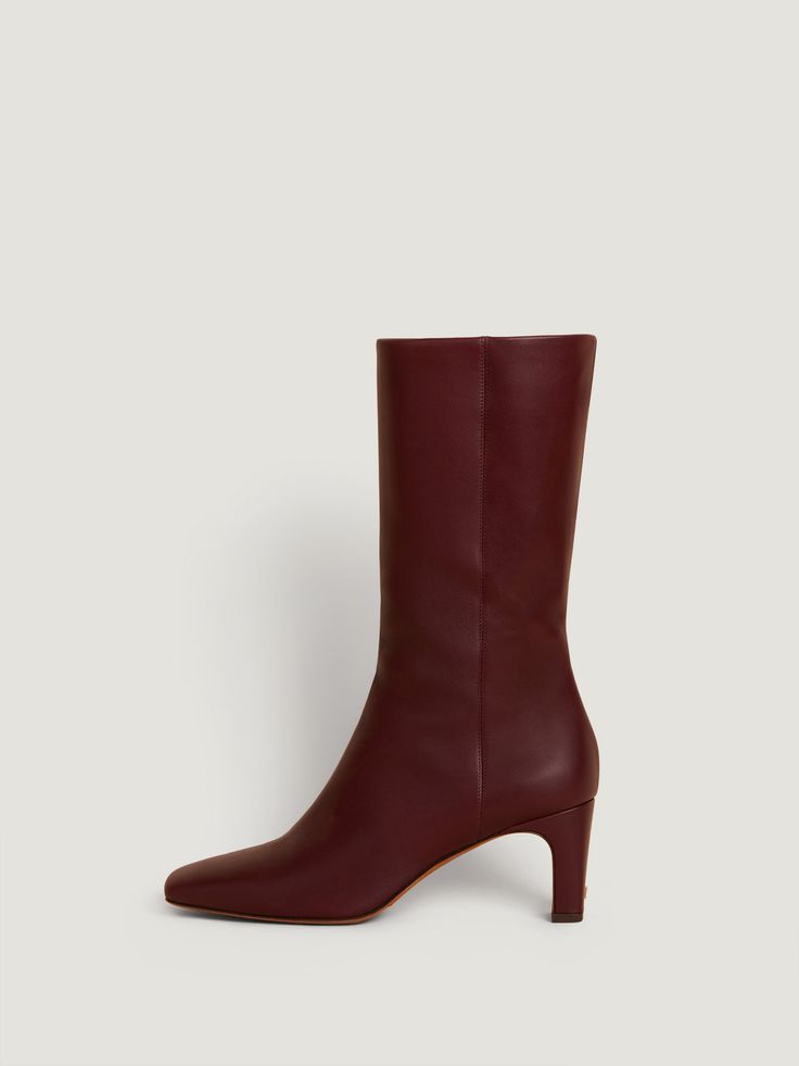 BURGUNDY SMOOTH LEATHER ANKLE BOOTS Dark Red Boots, Burgundy Boots Ankle, R Logo, Burgundy Boots, Shoe Last, Classic Heels, Red Boots, Brown Heels, Crocodile Leather