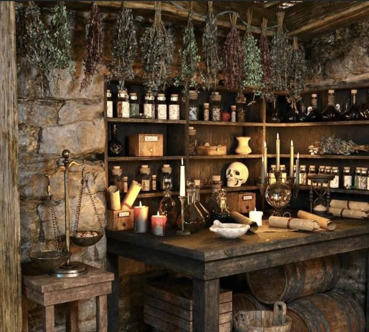 an old fashioned kitchen with lots of bottles on the counter and shelves full of spices