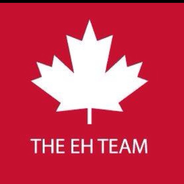 the eh team logo is shown on a red background with white letters and a maple leaf