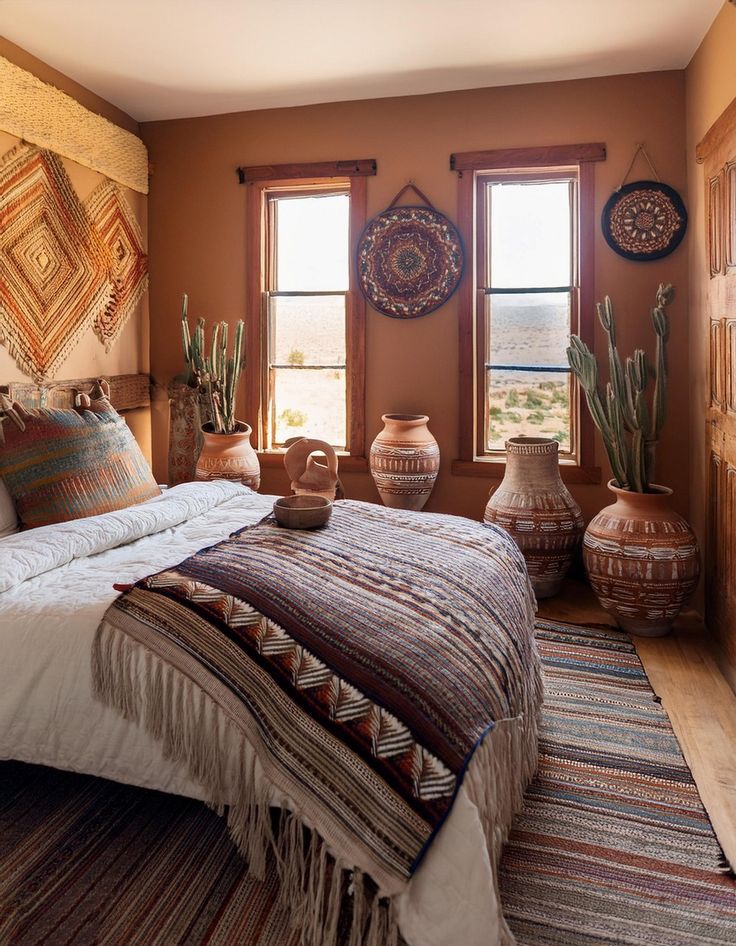 a large bed sitting in a bedroom next to two vases on top of a rug