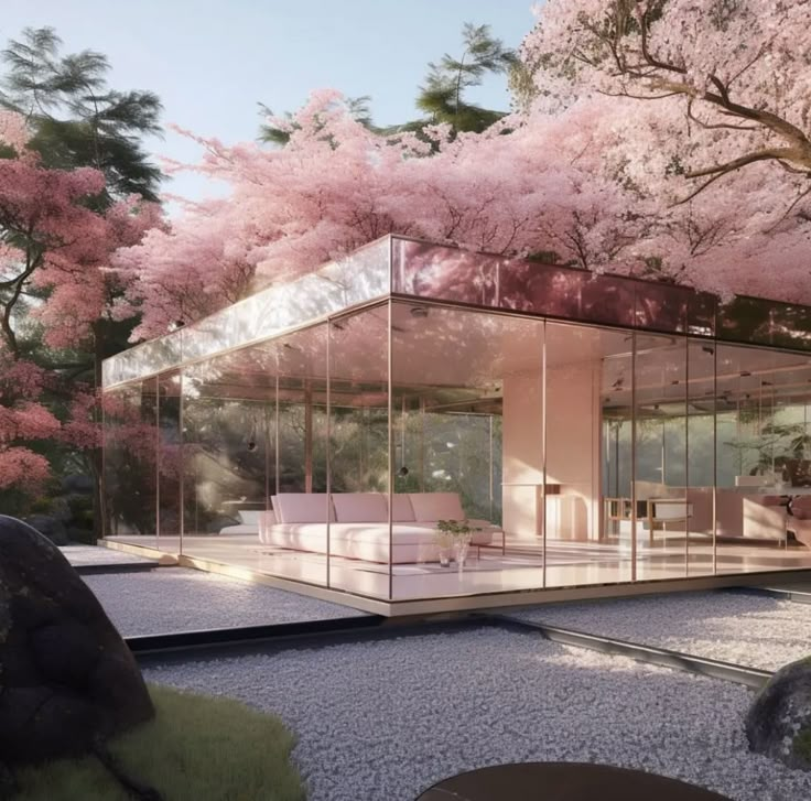 an artistic rendering of a glass house surrounded by pink trees in the sunlit forest