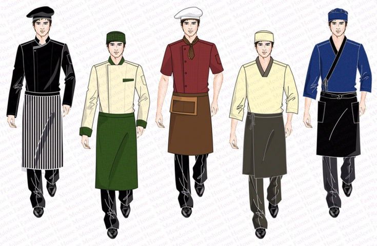 three men in aprons and hats walking down the street with one man wearing an apron