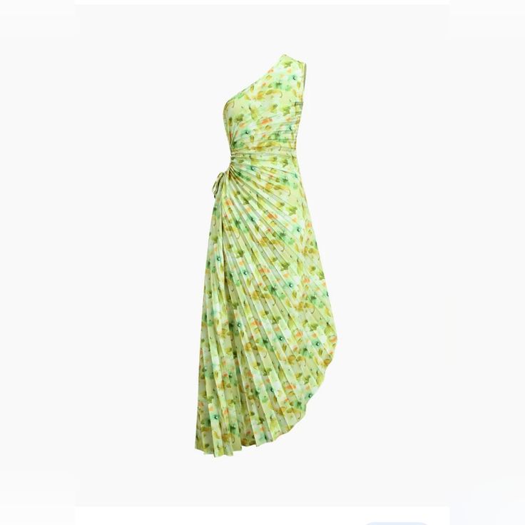 The Greeness Floral Zippered Pleat Midi Dress Combines Vibrant Floral Patterns With A Modern Edge. Its Pleated Design Adds A Playful Touch, While The Zippered Detailing Provides A Contemporary And Versatile Look. The Midi Length Adds Sophistication, Making It A Perfect Choice For Both Casual And Semi-Formal Occasions. Green One-shoulder Midi Dress For Spring, Yellow Pleated Party Dress, Yellow One-shoulder Cocktail Dress, Spring Yellow Pleated Midi Dress, Yellow Pleated Midi Dress For Spring, Yellow One-shoulder Fitted Maxi Dress, Fitted Yellow Pleated Midi Dress, Yellow Pleated Dress For Cocktail, Yellow Fitted One-shoulder Maxi Dress