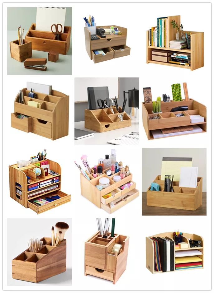 several different types of office supplies in wooden boxes and drawers, including pens, pencils, markers, scissors, books