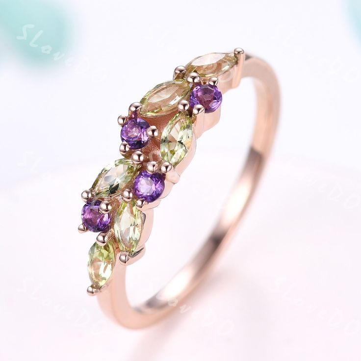 You are looking at a natural peridot and natural amethyst wedding ring. Vintage peridot wedding band, 14k gold ring, cluster marquise peridot amethyst ring, August birthstone ring, stacking band, gift for women, Valentine's gift You can choose the other side stone as you like: Alexandrite: www.etsy.com/listing/1506185634/vintage-peridot-wedding-band18k-solid? natural pearl: www.etsy.com/listing/1539377258/vintage-natural-peridot-pearl-wedding? Diamond/Moissanite: www.etsy.com/listing/1340984722/vintage-peridot-wedding-band14k-solid? Stone: *4x2mm marquise shaped natural peridot *2mm round cut natural amethyst. Metal *925 sterling silver, white/yellow/rose gold plated *Solid 10k 14k &18k color:white/yellow/rose gold *Platinum Custom Order *The main stone can be other gemstones you can imagi Luxury Rectangular Birthstone Ring For Gift, Green Multi-stone Amethyst Wedding Ring, Amethyst Rose Gold Ring, Peridot Wedding Band, Birthstones Ring, Amethyst Wedding Rings, August Birthstone Ring, Amethyst Wedding, Antique Engagement Rings Vintage