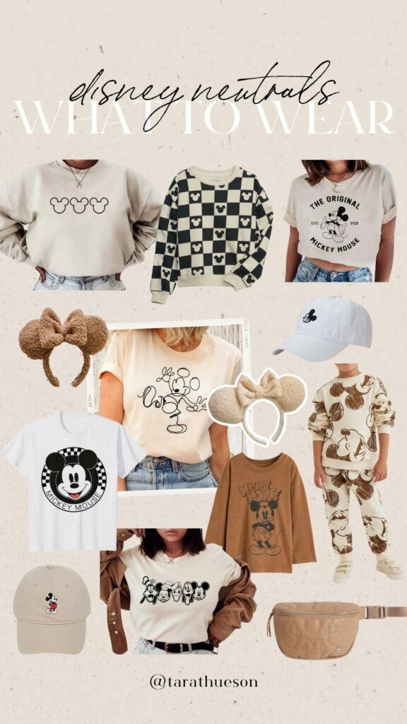 What to wear – Disney Neutrals Disneyland Aesthetic Outfit Winter, Disneyland Birthday Trip, Disney In December Outfits What To Wear, Epcot Outfit Ideas Fall, Family Disney Sweatshirts, Disney Neutral Outfits, Disneyland Paris Summer Outfit, Disney Chic Outfit, Disney Travel Outfits