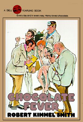 an advertisement for chocolate fever with three men and one woman standing in front of them