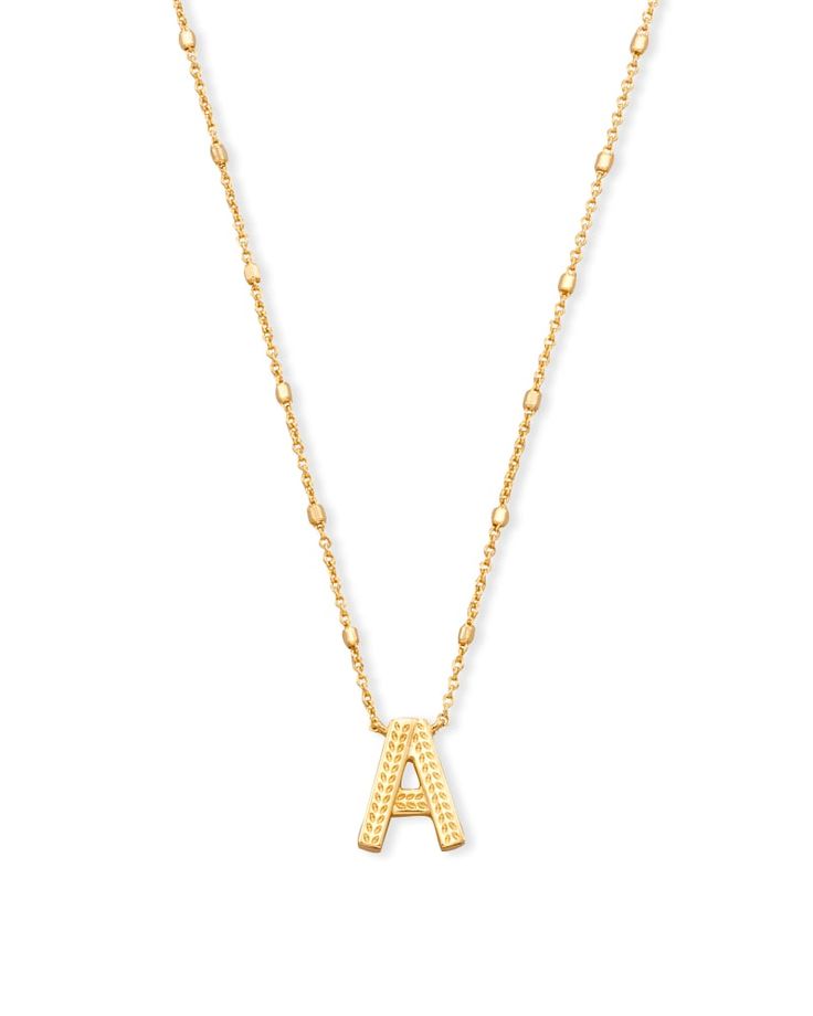 No need to spell it out...The Letter A Pendant Necklace in Gold is sure to be a new favorite. Featuring your initial, or your bestie’s, or your crush's (we won’t tell), wear a personalized reminder designed with our signature etched detail. Letter Pendant Necklace Kendra Scott, Kendra Scott Initial Necklace, Kendra Scott Letter Necklace, Letter A Jewelry, Gold A Necklace, A Necklace Letter, Necklaces Kendra Scott, Letter A Necklace, Letter A Pendant