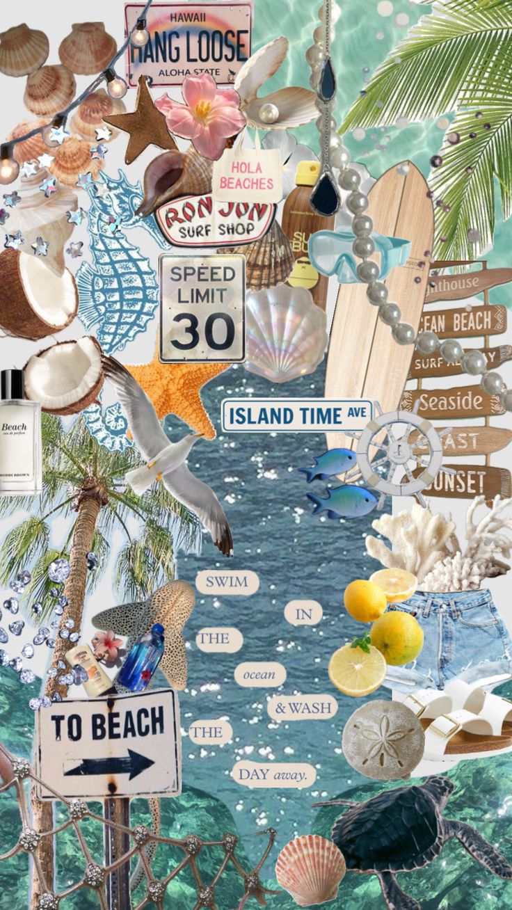 a collage of beach signs and seashells is featured in this image with the caption'island time '