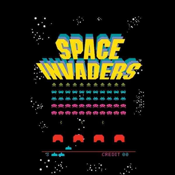 an old school computer game with space invades on it's screen and the words,