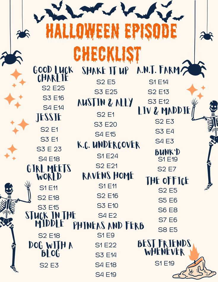 the halloween episode checklist is shown with skeletons and bats hanging from strings above it