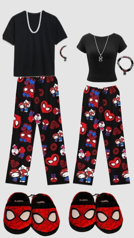 Check out kattnerkeira's Shuffles Boyfriend Girlfriend Matching Pajamas, Spiderman Pajamas Couple, Couple Pjs Matching Aesthetic, Matching Pajamas For Couples Halloween, Matching Spiderman Pajamas, Matching Pajamas For Couples Christmas Relationship Goals, Matching Airport Outfits, Halloween Pjs Couples, Pjs Outfits Aesthetic