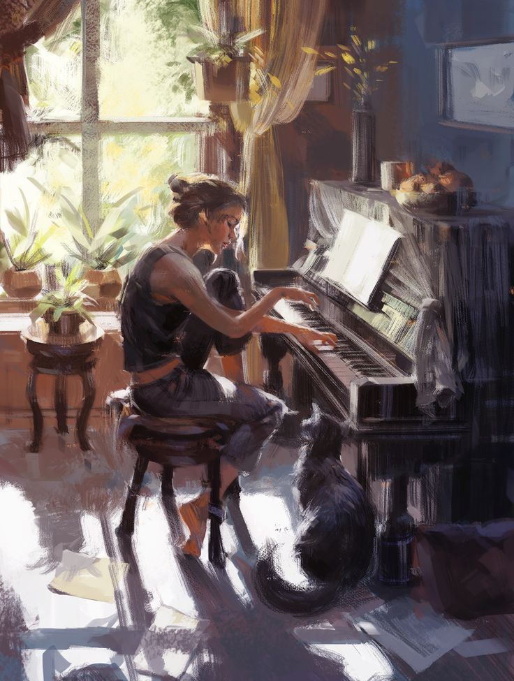 a painting of a woman playing the piano with her dog sitting on the floor next to it