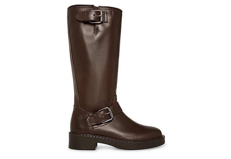 Steve Madden Erma Women s Tall Boot Elegantly display your equestrian style with the Erma women s tall Boot from Steve Madden. Featuring a leather upper with decorative buckle straps at the collar and ankle, this inside zip Boot complements fall looks. The footbed soothes your foot while the low heel adds durability. Leather upper Partial zip closure Buckle strapsLightly Padded insole1 1/2 block heel Mid Rise Boots, Brown Leather Boots Tall, Women Footwear, Brown Leather Boots Women's, Boots Brown, Calf High Boots Outfit, Outfits With Brown Boots, Brown Tall Heeled Boots Medium Width, Womens Tall Brown Boots