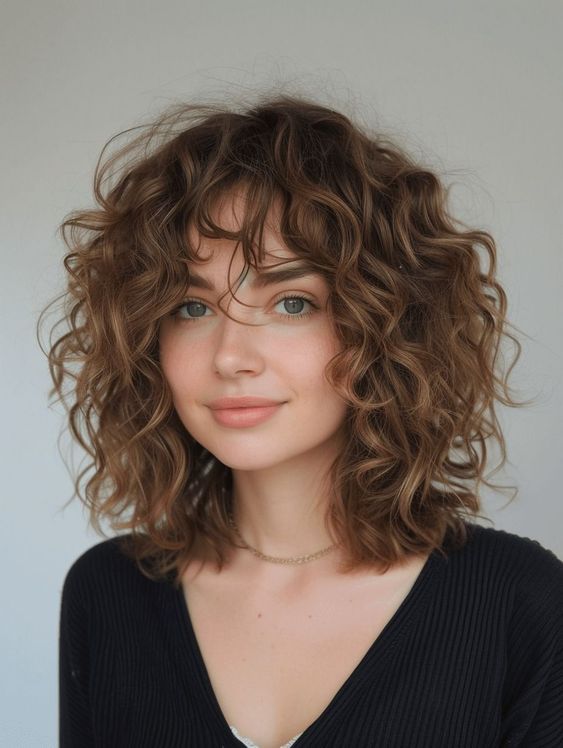 Curly Bob Face Framing Layers, Lob With Curtain Bangs Curly Hair, Curly Hair Shoulder Length Bangs, Medium Hairstyle Women Wavy, Medium Haircut With Volume, Layers Medium Curly Hair, Curly Hair Long Bob Haircut, Short Curly Vintage Hair, Hair Cuts Trends 2024