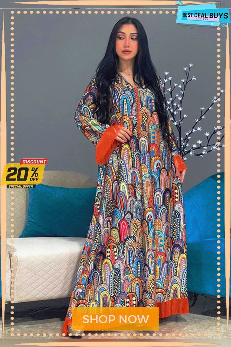 Arabian Muslim Fashion Print Dress Robe Multicolor Printed Maxi Dress With Long Sleeves, Long Sleeve Patterned Maxi Dress For Summer, Patterned Long Sleeve Maxi Dress For Summer, Long Patterned Spring Dress, Long Spring Patterned Dress, Spring Long Patterned Dress, Spring Patterned Long Dress, Multicolor Print Long Sleeve Maxi Dress For Fall, Multicolor Shift Dress Midi Length