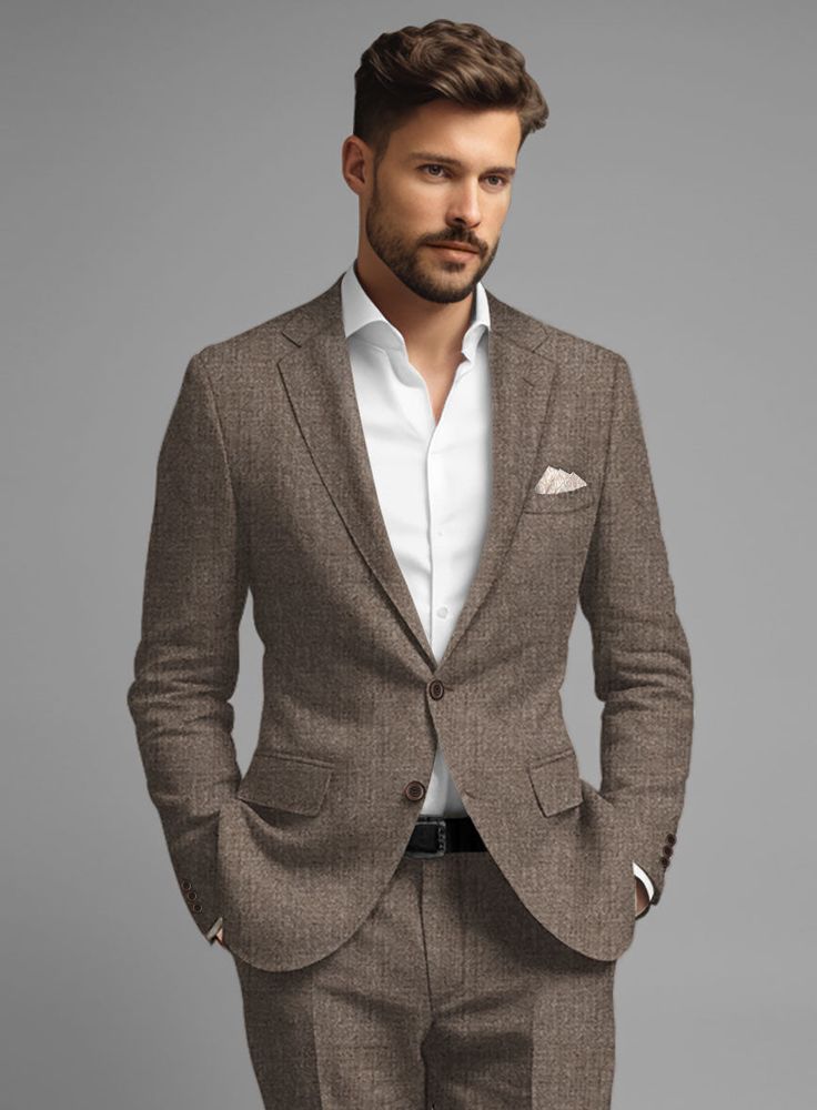 Gain the edge with our Solbiati Linen Anael Jacket, a couture that harmonizes with your charismatic personality and offers timeless luxury. Crafted from pure linen fabric, the jacket grants a gentle and silky profile with a solid finish on a brown hue that lends excellent comfort when worn. Summit up the confidence with our elegantly tailored brown jacket suitable for relaxed instants and formal interactions.   Look Includes  Solbiati Linen Anael Fabric  Two Button Jacket Style  Notch Lapel  Hor Charismatic Personality, Grey Tweed Suit, White Linen Suit, Herringbone Tweed Jacket, Green Velvet Jacket, Peaky Blinders Suit, Royal Blue Suit, Brown Suit, Blue Chinos