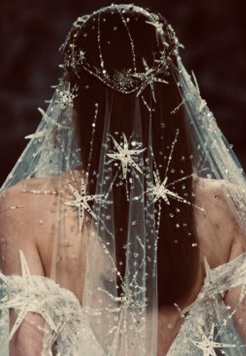 a woman wearing a veil with snow flakes on it