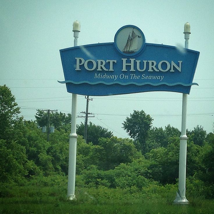 a blue sign that says port huron on the highway in front of some trees