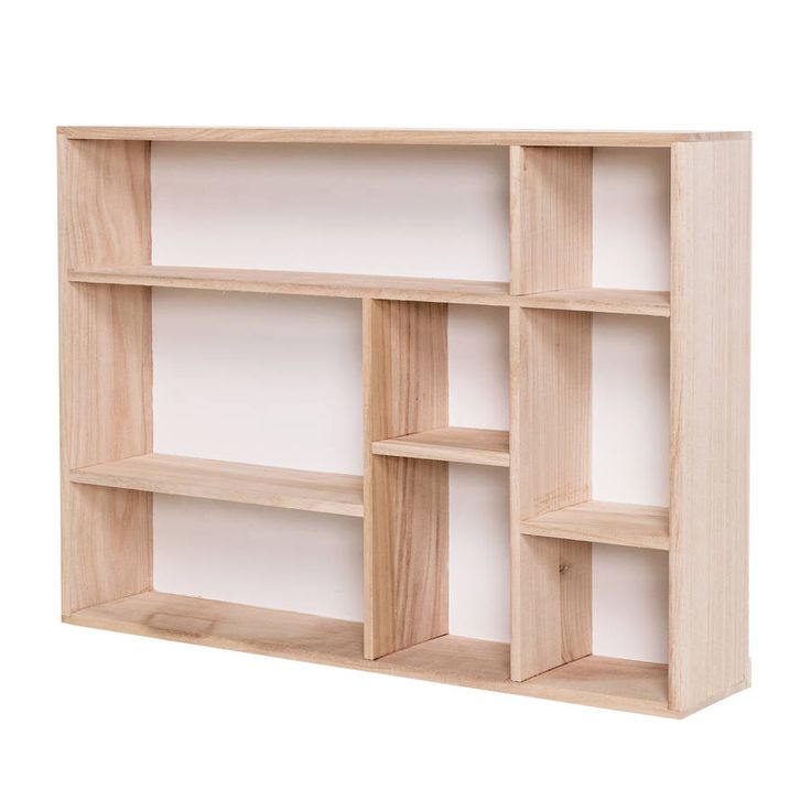 a wooden book shelf with four shelves on each side and one section missing from the top