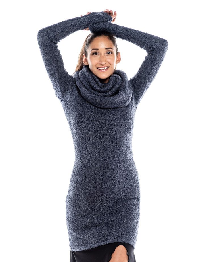 This is one of my favorite pieces. I love how it snugs up to my body and is cozy in every way. I designed the Knitted Dress Cowl Sweater Kalapin to have full length sleeves and an oversized doubled cowl neck. It can be worn as is or pulled over your shoulders for a boat neck appearance. It stretches perfectly over every curve and lands just over the knee. It features a thick sweater knit that is soft, warm, and cozy. Wear this as is over tights or leggings or over a kami with jeans. This is a on Cozy Sweater Dress For Winter Layering, Cozy Long Sleeve Soft Knit Sweater Dress, Cozy Sweater Dress For Winter, Fitted Cozy Sweater Dress For Winter, Cozy Long Sleeve Sweater Dress For Layering, Cozy Long Sleeve Sweater Dress, Long Sleeve Stretch Sweater Dress For Winter, Stretch Long Sleeve Sweater Dress For Winter, Cozy Soft Knit Sweater Dress For Winter