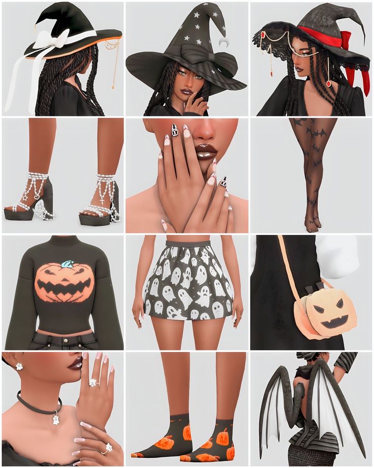 many different pictures of women wearing halloween costumes and hats with pumpkins on their hands