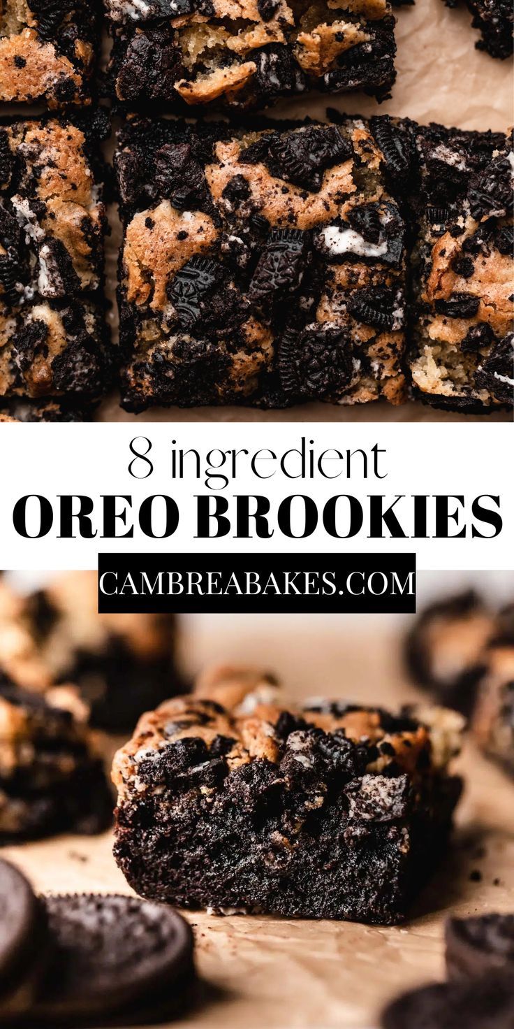 oreo brookies on parchment paper. Yummy Homemade Desserts, Great American Cookie Cheesecake Brownie, Oreo Brownie Dessert, Oreo Brookies Recipe Easy, Oreo Dessert Cookies, Easy Non Perishable Desserts, Homemade Oreo Brownies, Summer Appetizers For Party Easy Healthy, College Dessert Ideas