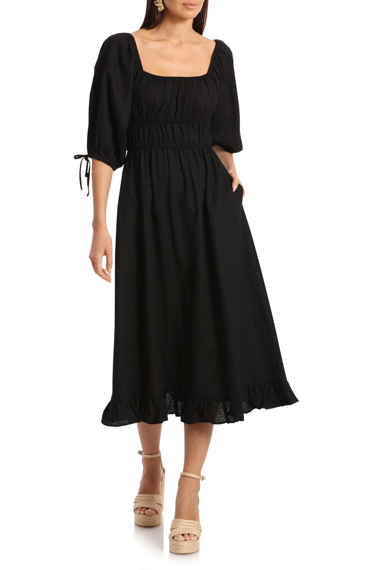 This closet-staple midi is designed with a rippled, ruched bodice and a flouncy frill-hem skirt. 47 1/2" length (size 8) Slips on over head Square neck Elbow-length sleeves with drawstring cuffs Side-seam pockets Unlined 55% linen, 45% rayon Machine wash, line dry Imported Black Smocked Bodice Midi Dress, Black Cotton Midi Dress With Ruffles, Black Midi Smocked Dress With Ruffles, Black Knee-length Midi Dress With Ruched Bodice, Black Knee-length Midi Dress With Gathered Sleeves, Black Linen Dress, Midi Sundress, Denim Midi Dress, Ruched Bodice