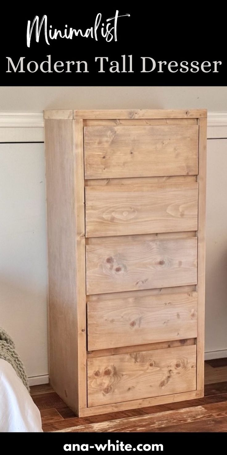 a wooden dresser sitting on top of a floor next to a white wall with text overlay that reads, minimalist modern tall dresser